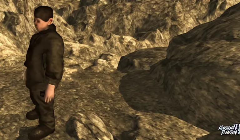 Image similar to Yung Lean in a cutscene from Fallout New Vegas, wide shot, low angle, screenshot