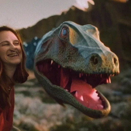 Image similar to polaroid of a happy dinosaur couple as the asteroid hits cinematic 3 5 mm 8 k hdr