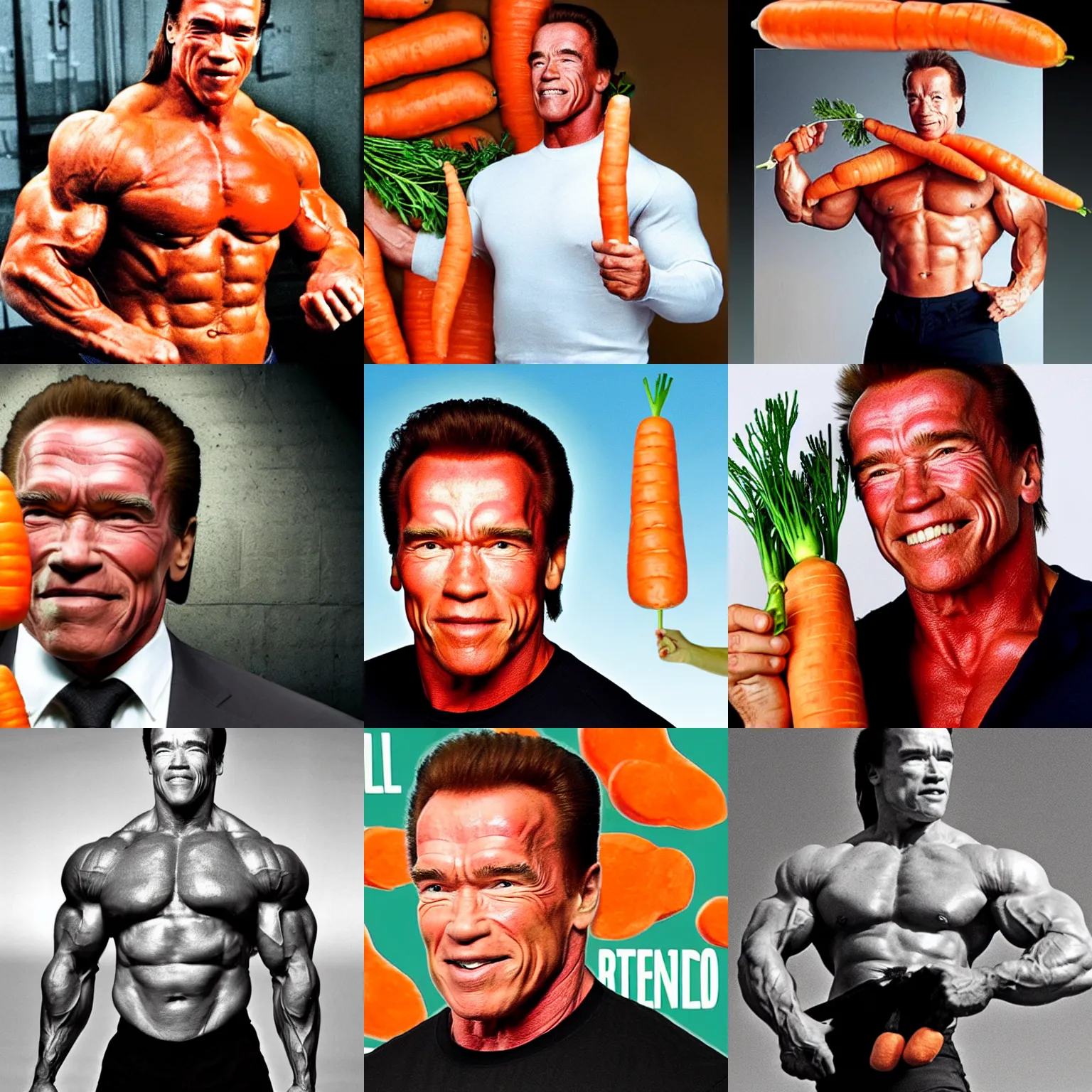 Prompt: photo of arnold schwarzenegger with the body of a carrot!!!!