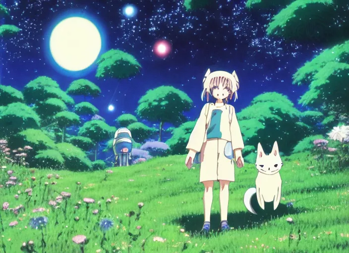 Prompt: anime fine details portrait of joyful girl and alien cute cat, aliens vivid, nature trees, meadows, villages at night, bokeh, close-up, anime masterpiece by Studio Ghibli. 8k, sharp high quality classic anime from 1990 in style of Hayao Miyazaki
