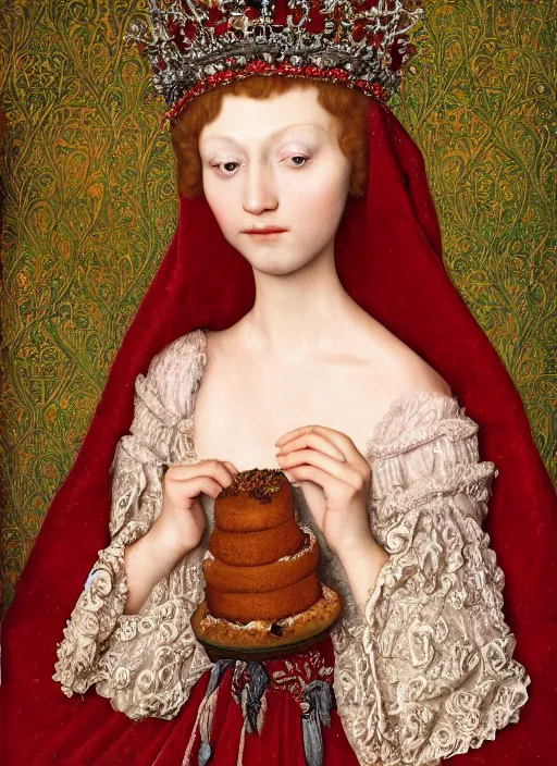 Prompt: closeup medieval jan van eyck face portrait of a fairytale princess wearing a crown eating cakes in the castle, bikini, depth of field, zeiss lens, detailed and intricate environment, fashion photoshoot by nicoletta ceccoli, mark ryden, lostfish, breathtaking, 8 k resolution, extremely detailed, beautiful, establishing shot, artistic, hyperrealistic, octane render