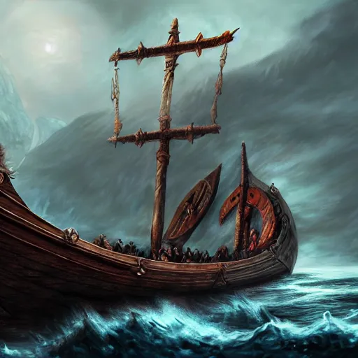 Prompt: viking ship, centered in picture, daytime, epic fantasy, detailed, intricate, digital painting, concept art, realistic, smooth, focus, rim light