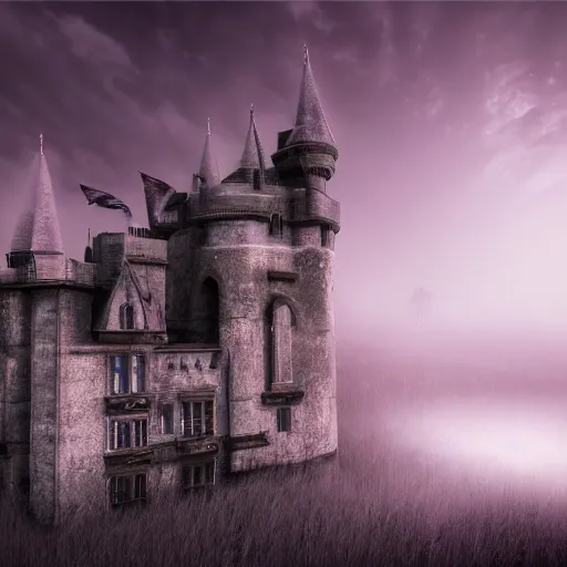 Prompt: abandoned castle, ultra realistic, 8 k, purple fog, dark, ultra detailed, highly detailed, fantastically detailed, professional photography, night time, cinematic