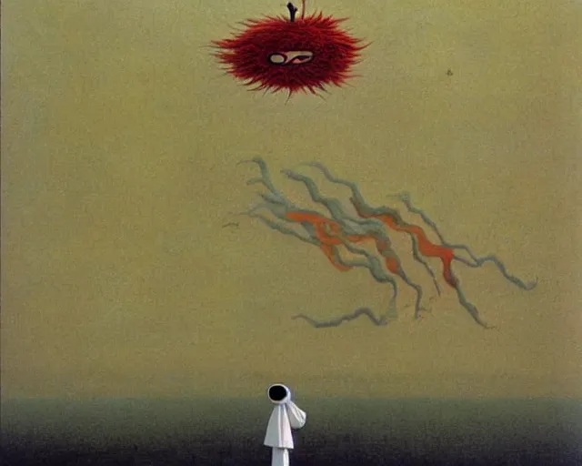 Image similar to no face from spirited away. angry art by beksinski and salvador dali. a still from spirited away by studio ghibli. surrealism, yves tanguy. beksinski art style