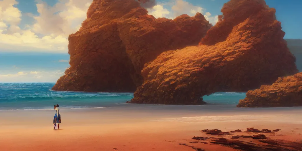 Prompt: a beach with no people, highly detailed oil painting, rhads, Bruce Pennington, Studio Ghibli, tim hildebrandt, digital art, octane render, beautiful composition, trending on artstation, award-winning photograph, masterpiece