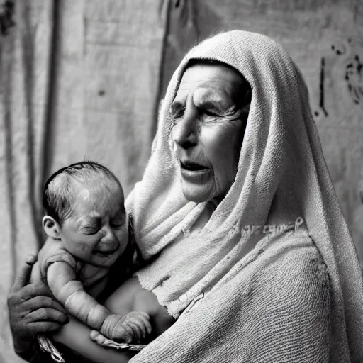 Prompt: dramatic film still of 80 year old sentimental Mediterranean skinned woman in ancient Canaanite clothing holding a newborn baby, crying, awe, love, ancient interior tent background, Biblical epic movie