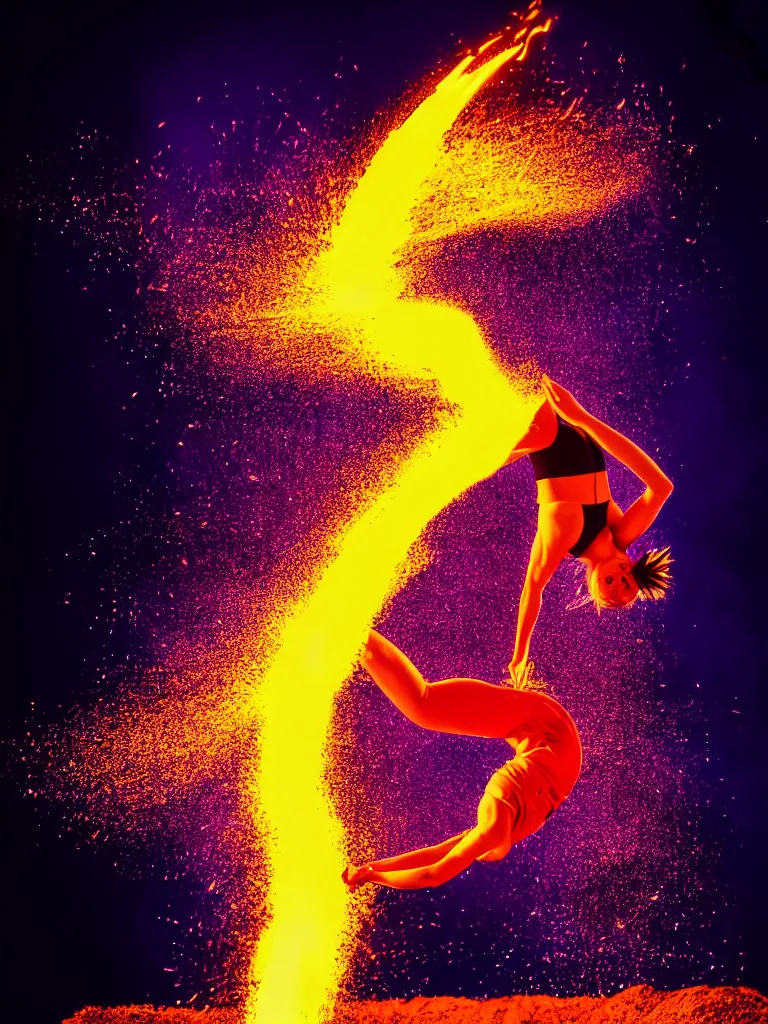 Image similar to a perfect colorised portrait photograph of a backflip woman, erupting in every direction, jets of glowing effluent and metallic chunks.