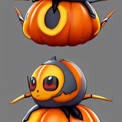 Prompt: A pokemon that looks like a beetle,The body is a large pumpkin,Trending on art station. Unreal engine.