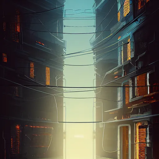 Image similar to One dilapidated building with only one window glowing. ArtStation, Cyberpunk, Vertical Symmetry, 8K, Highly Detailed, Intricate, Album Art.