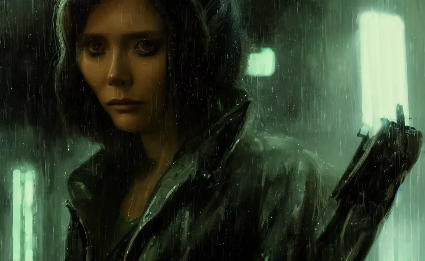 Image similar to detailed film still of portrait neon operator elizabeth olsen in the movie blade runner, messy ponytail, cyberpunk futuristic, neon, reflective puffy coat, decorated with traditional japanese by smail inceoglu dragan bibin hans thoma greg rutkowski alexandros pyromallis nekro, illustrated, perfect face, fine details, realistic shaded, fine - face, pretty face