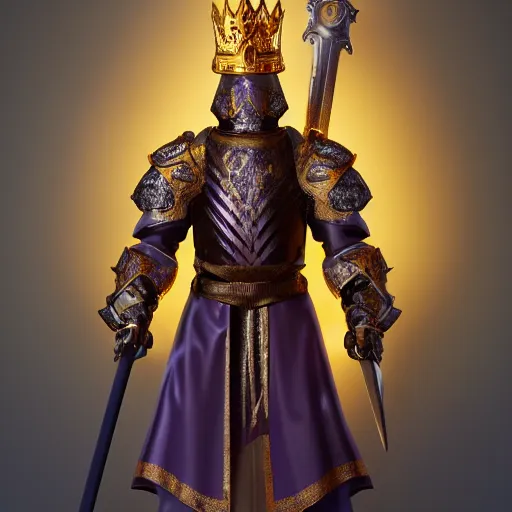 Image similar to a highly detailed knight with glowing purple eyes in a T golden helmet and a golden crown with a blue diamond in the center, golden armor, leather clothes under the armor, leather gloves, holds a black sword, artstation, DeviantArt, professional, octane render, sunset lighting