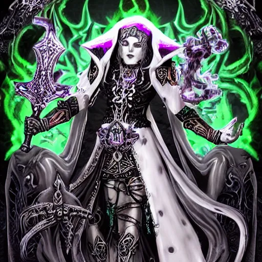 Prompt: a high priestess necromancer in the style of chaos in warhammer 4 0 k, flowing robe, jewel encrusted chestplate, green black grey and white palette, lolth, dnd, character art