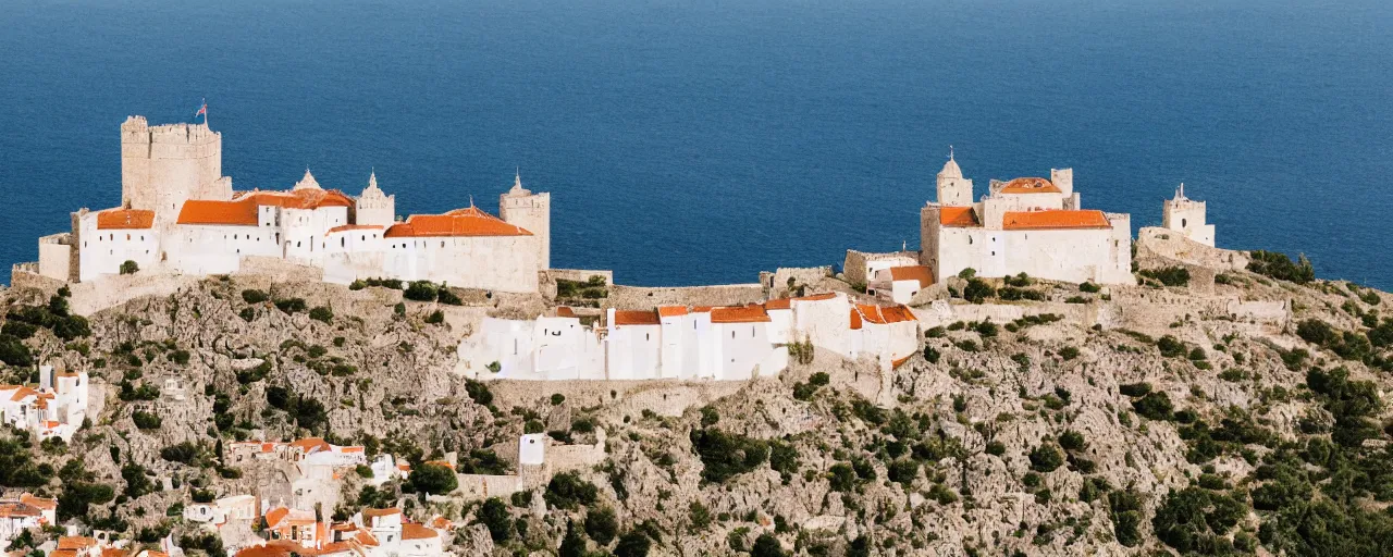 Image similar to 35mm photo of the Spanish castle of Salobrena on the top of a large rocky hill overlooking a white Mediterranean town, white buildings with red roofs, ocean and sky by June Sun