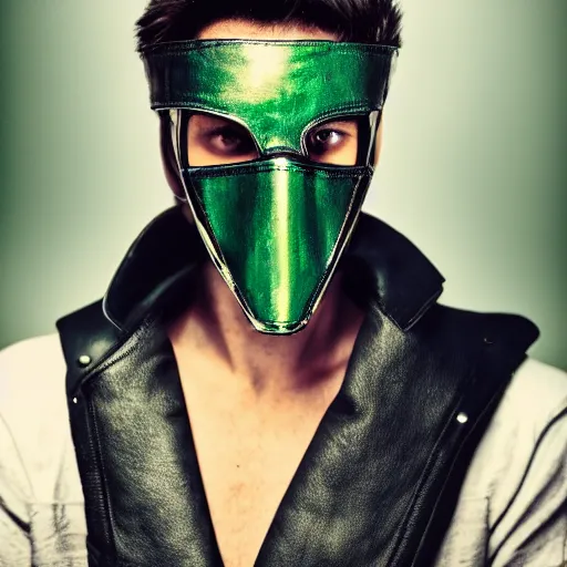 Prompt: photo of a man with a metal mask, green eyes and a black leather jacket, dramatic lighting