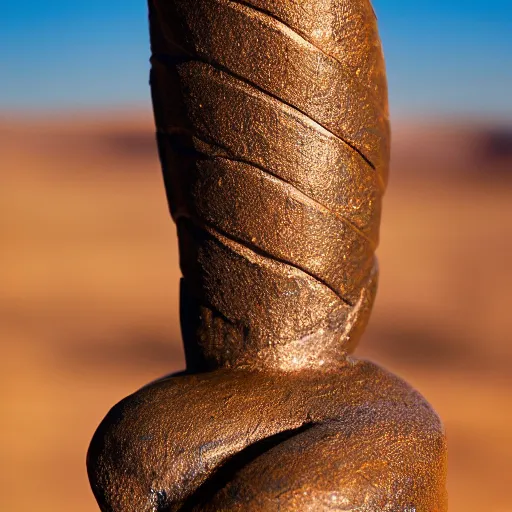 Prompt: Bronze 1500BCE Canaanite serpent sculpture at the top of a tall pole. Desert background. 40mm lens, shallow depth of field, split lighting