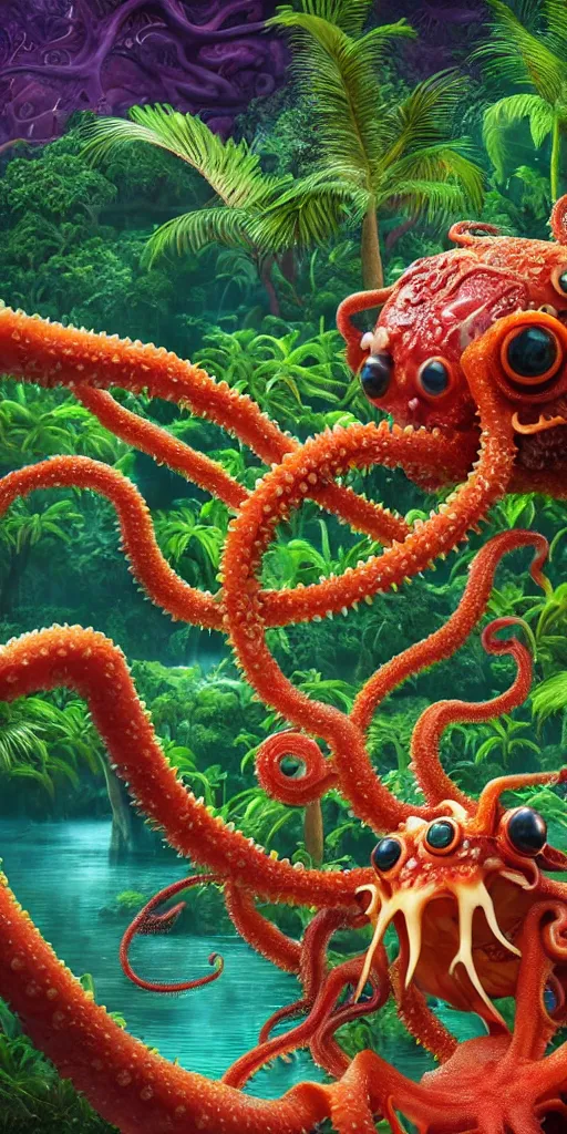 Image similar to of a tropical rainforest lake with strange cute friendly happy creatures with huge eyes, mouth, long tongue, round teeth and tentacles appearing from sandy coral, in the style of gehry and gaudi, macro lens, shallow depth of field, ultra detailed, digital painting, trending artstation, concept art, illustration, cinematic lighting, photorealism, epic, octane render