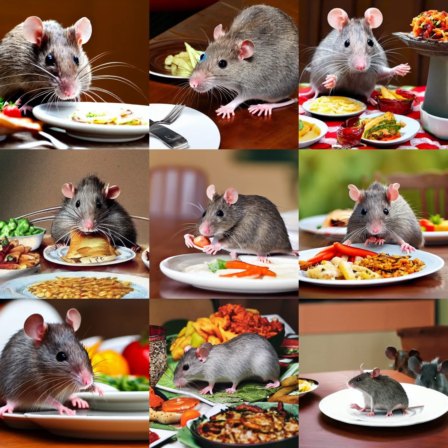 Prompt: rat wearing bib has grand feast at the dining table