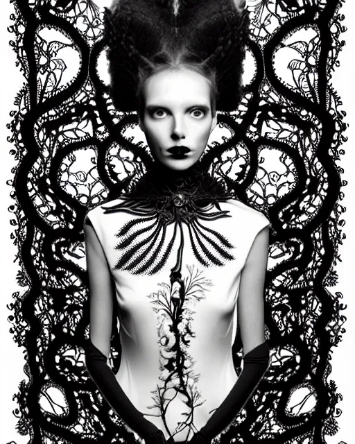 Image similar to surreal black and white photo portrait of complex bio-mechanical beautiful young female vegetal-cyborg with a Mandelbrot fractal steampunk metal fine lace face, a very long neck and a fine metal floral foliage super big lace collar by Alexander McQueen:: smoke, high fashion, haute couture, rococo, steampunk, silver filigree details, anatomical, facial muscles, cable wires, microchip, elegant, dreamy, foggy atmosphere, hyper realistic, 150 mm lens, soft rim light, octane render, unreal engine, picture was taken in 1910 by Man Ray, volumetric lighting, dramatic light,8k,