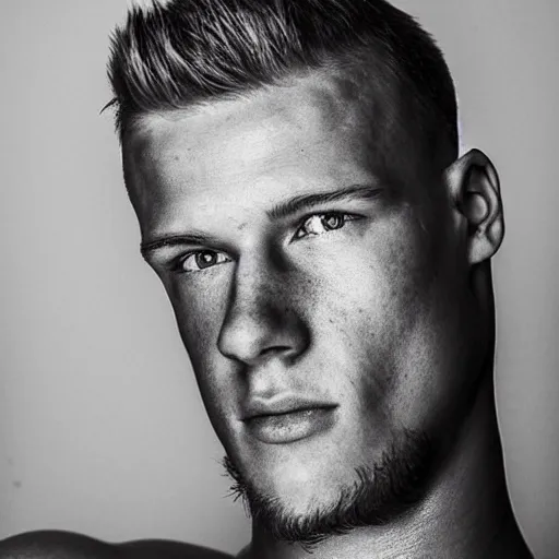 Image similar to “ a realistic detailed photo of a guy who is an attractive humanoid who is half robot and half humanoid, who is a male android, football player christian mccaffrey, shiny skin, posing like a statue, blank stare, on the bed, on display ”