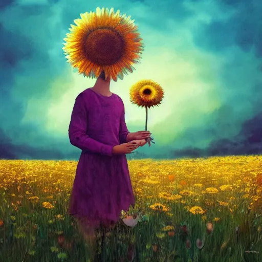 Image similar to giant daisy flower head, portrait of girl in flower field, holding daisy, surreal photography, sunrise, impressionist painting, colorful clouds, digital painting, artstation, simon stalenhag, flower face