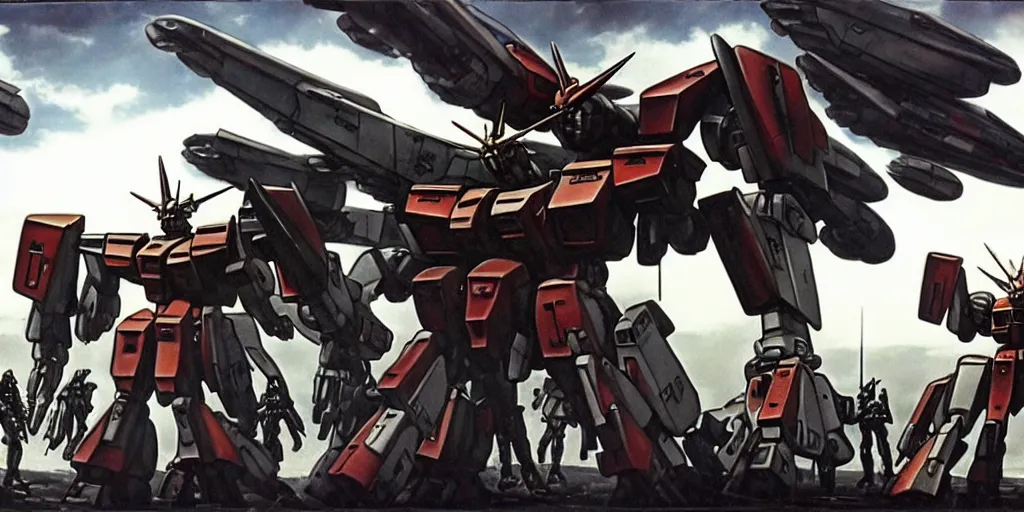 Prompt: an intricate concept art of a military crew inspecting a gundam mechanical robot, style by ridley scott and michael bay, ditailed matte painting