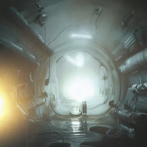 Prompt: Concept art, inside an narrow room of an empty ussr submarine, messy, foggy and dark, littles light shafts coming from little holes, photorealism, 8k, cinematic, high details, neat