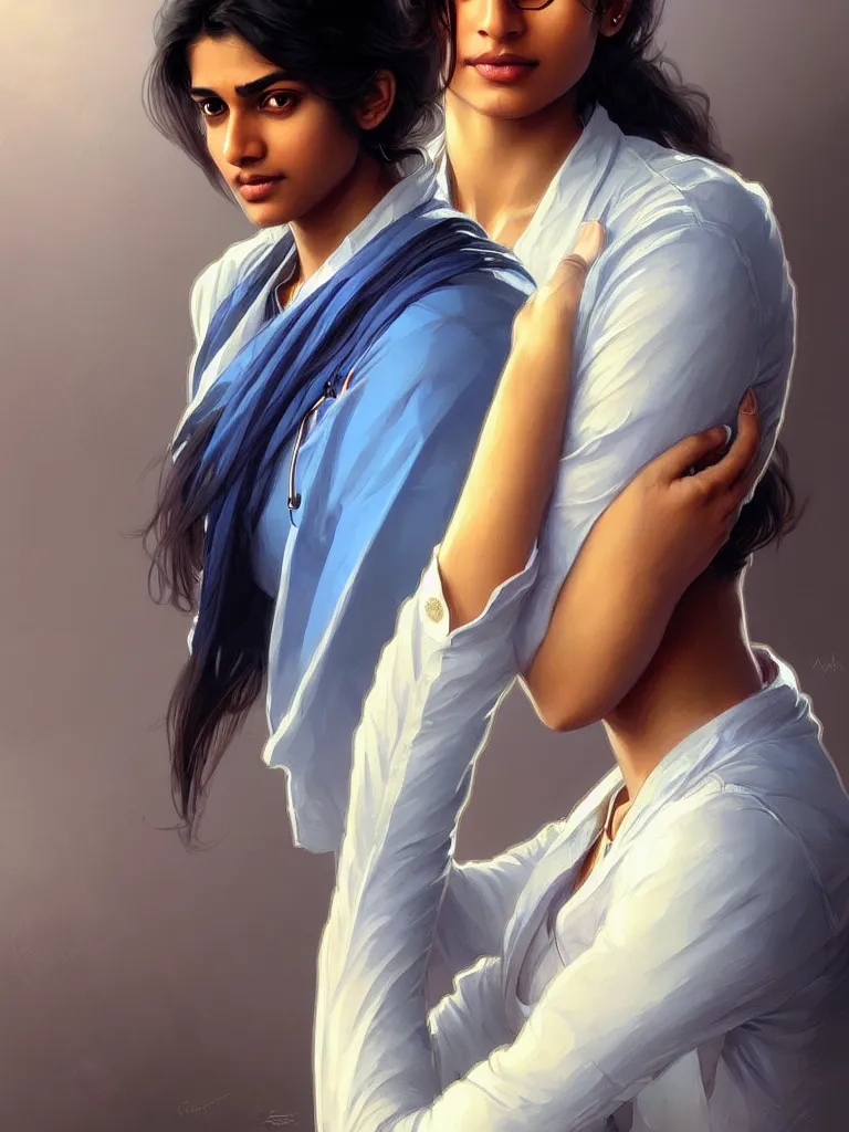 Image similar to Anxious pretty young Indian doctor wearing jeans leaving a plane, portrait, sci-fi face, elegant, highly detailed, digital painting, artstation, concept art, smooth, sharp focus, illustration, art by artgerm and greg rutkowski and alphonse mucha