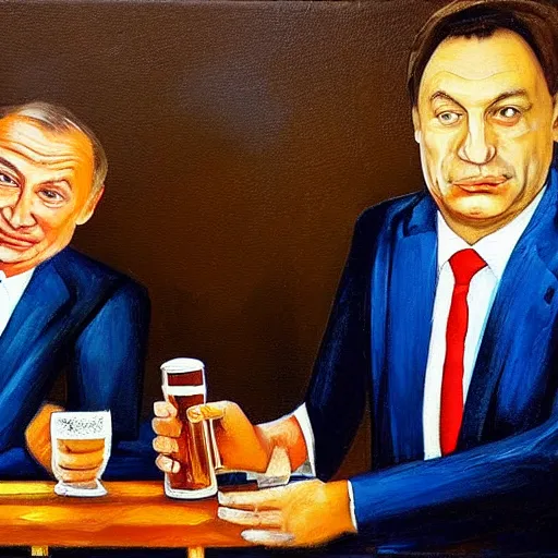 Prompt: viktor orban drinking beer with putin, oil painting, highly detailed