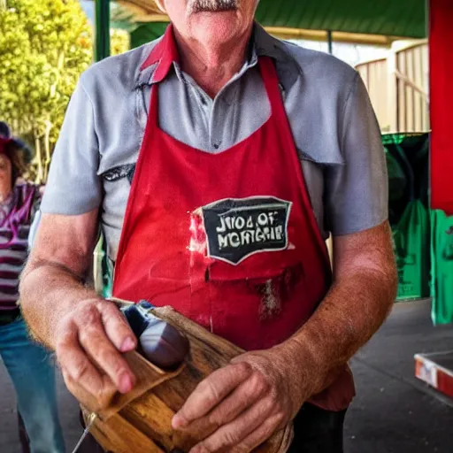 Image similar to john jarrat as mick taylor from wolf creek at a bunnings sausage sizzle, photorealistic, good lighting, award winning photograph