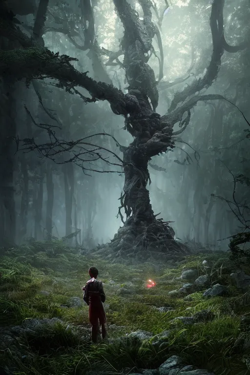 Prompt: A small character standing before a giant spider in the forest by Greg Rutkowski, Sung Choi, Mitchell Mohrhauser, Maciej Kuciara, Johnson Ting, Maxim Verehin, Peter Konig, final fantasy , 8k photorealistic, cinematic lighting, HD, high details, atmospheric,