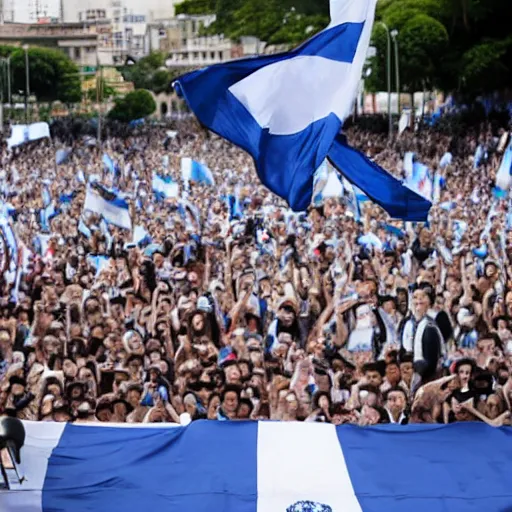 Image similar to Lady Gaga as president, Argentina presidential rally, Argentine flags behind, bokeh, giving a speech, detailed face, Argentina