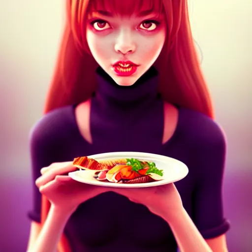 Image similar to girl, eating, good food, happy, slim, stylized, artstation, hd, cgsociety, cgi, realistic, dramatic, cinematic, artistic, trending, detailed