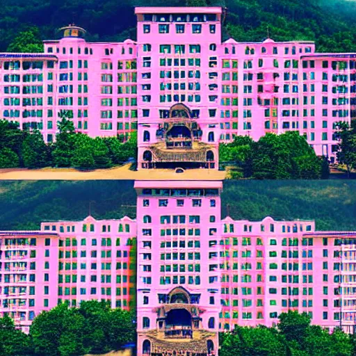 Image similar to Symmetric Wes Anderson film still in the Gatlinburg without people. Establishing shot. Architecture. 8k resolution. Pastel. Sharp. Whimsical. Symmetry. Stunning.