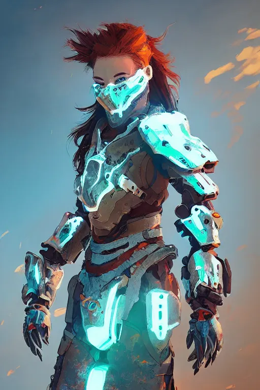 Image similar to combination suit armor aloy horizon forbidden west horizon zero dawn radiating a glowing aura global illumination ray tracing hdr fanart arstation by ian pesty and alena aenami artworks in 4 k tribal robot ninja mask helmet backpack