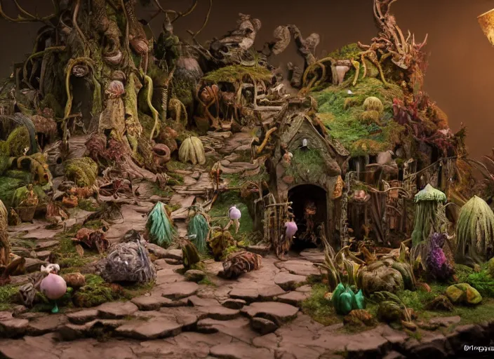 Prompt: detailed studio photography of a fantasy claymation diorama of the dark crystal, zeiss lens, detailed, by erwin olaf, joop geesink, wes anderson, jim henson, brian froud, breathtaking, 8 k resolution, beautiful lighting, studio light, extremely detailed, beautiful, establishing shot, realistic materials, weta digital fx manuka, unreal engine, hyperrealistic