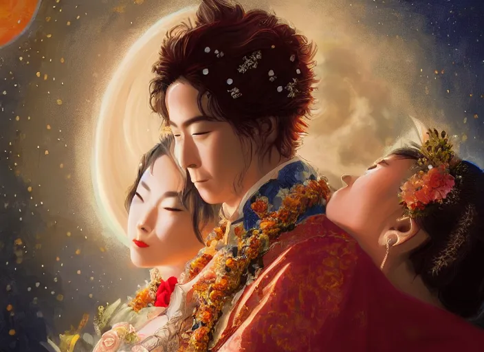 Image similar to a cinematic portrait of wedding photograph jpeg close up moment of a divine a japan sun god and moon goddess lovers magician at a wedding banquet. portraiture. digital painting. artstation. concept art. wedding photo. digital painting. iolet evergarden art masterpiece by art by krenz cushart