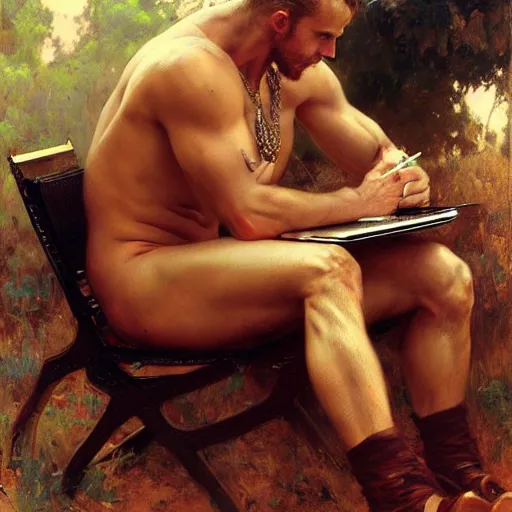 Prompt: cam gigandet types on his laptop, painting by gaston bussiere, craig mullins, j. c. leyendecker, tom of finland