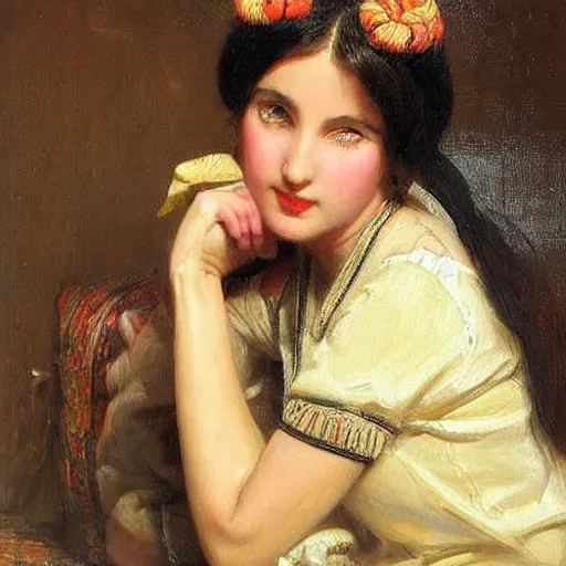 Image similar to orientalism portrait of a cute young woman with twin tails by Edwin Longsden Long and Theodore Ralli and Nasreddine Dinet and Adam Styk masterful intricate artwork