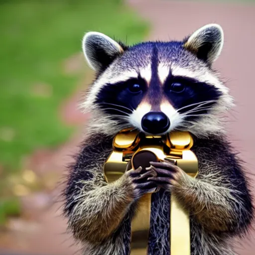 Prompt: raccoon with shades and a gold chain wearing a leather jacket