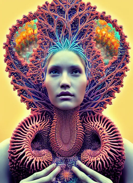 Prompt: ridiculously beautiful young woman tripping, coral fractals radiating from head, sacred geometry, nature, birds, symmetrical, in the style of ernst haeckel, effervescent, warm, photo realistic, epic and cinematic,