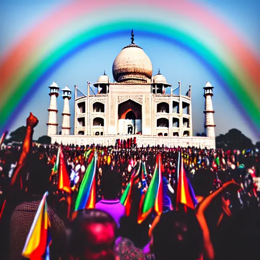 Image similar to photo of crowd of men with rainbow flags dancing at ( ( ( ( taj mahal ) ) ) ), well framed, sharp focus, 8 k, beautiful, award winning photo, highly detailed, intricate, centered
