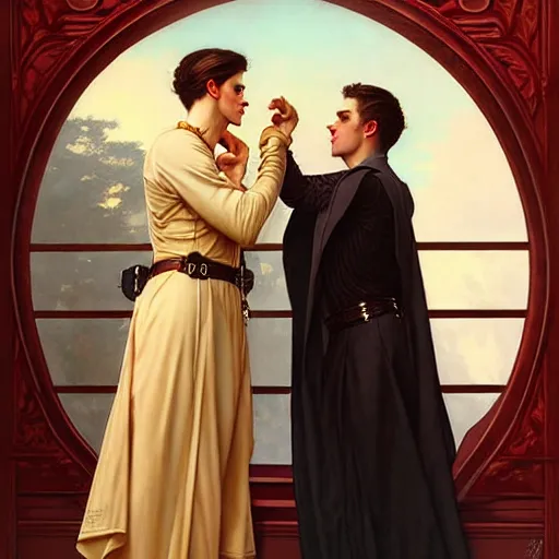 Image similar to attractive fully clothed king confesses his love for his attractive fully clothed male prince. highly detailed painting by j. c. leyendecker, tom bagshaw,