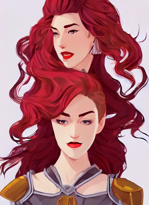 Image similar to a young woman in full plate armor with beautiful hair and red lips stages in a dramatic pose. she is a knight. clean cel shaded vector art. shutterstock. behance hd by lois van baarle, artgerm, helen huang, by makoto shinkai and ilya kuvshinov, rossdraws, illustration, art by ilya kuvshinov