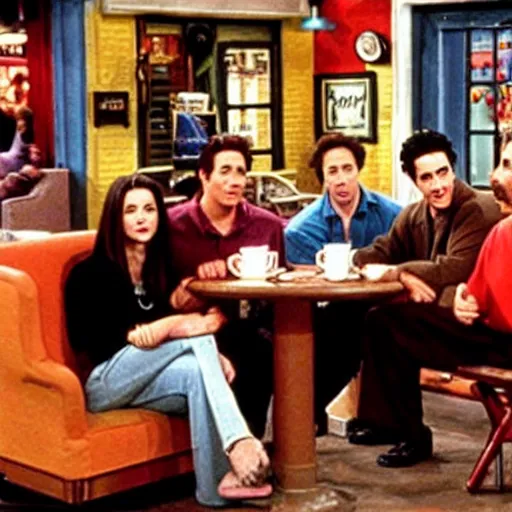 Prompt: photo of the seinfeld cast sitting in the central perk coffee shop from friends, 9 0 s tv promotional image
