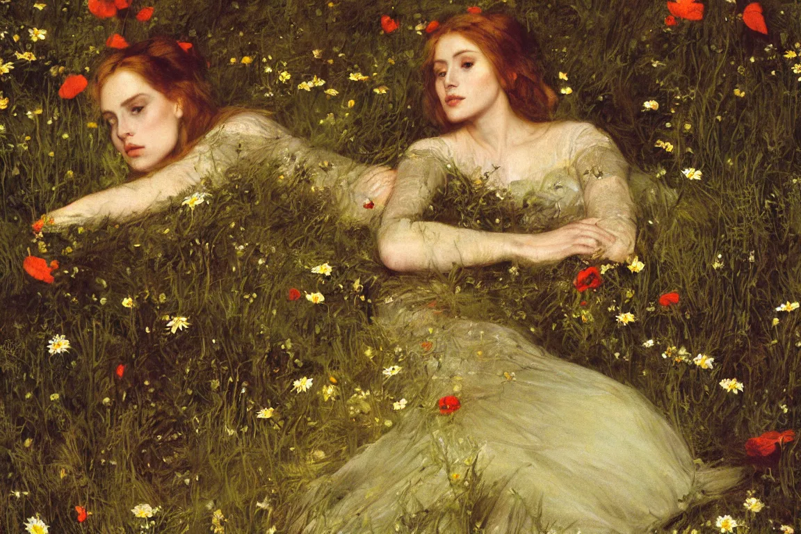 Prompt: John Millais. Close up of Apathetic pale beautiful Ophelia horizontal in a dark shallow stream. Scary dark forest, flowers are everywhere. Golden brown dress with vibrant details, light dark very long hair. Poppies, daisies, pansies. Naturalistic strong vibrant green colors. Fine brush strokes. Mysterious and realistic. The forest is littered. Isometric Perspective