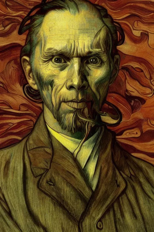 Image similar to realistic detailed portrait of van goh by denis villeneuve, amano, yves tanguy, alphonse mucha, ernst haeckel, max ernst, roger dean, ridley scott, dynamic closeup