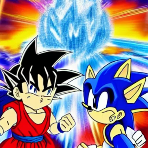 Prompt: Goku has a super power battle against Sonic the hedgehog