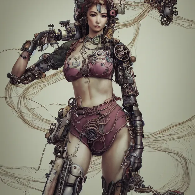 Image similar to the portrait of true neutral semi - colorful female steampunk cyborg mechanist as absurdly beautiful, gorgeous, elegant, young swimsuit model, an ultrafine hyperdetailed illustration by kim jung gi, irakli nadar, intricate linework, bright colors, octopath traveler, final fantasy, unreal engine 5 highly rendered, global illumination, radiant light, detailed and intricate environment