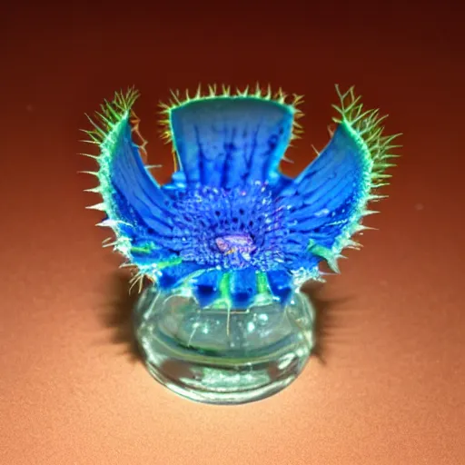 Prompt: venus flytrap made of blue glass