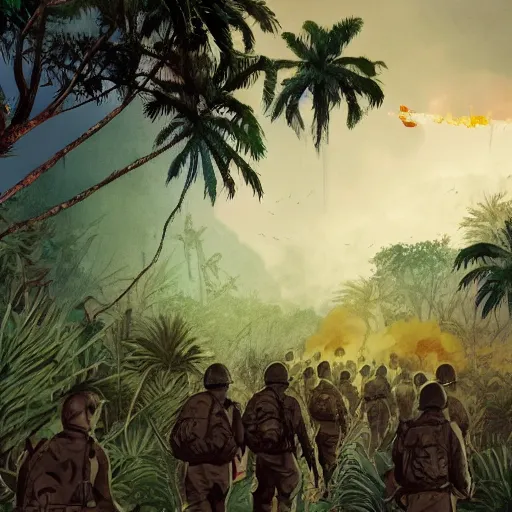 Prompt: handmade illustration of an epic Vietnam war scene with a many soldiers walking, the jungle at the background, Jamaica flag, some smoke and fire, blue sky with dramatic clouds, line art, ink, watercolor by Kilian Eng and by Jake Parker, heavy brushstrokes, winning-award masterpiece, fantastic, octane render, 8K HD Resolution, High quality image